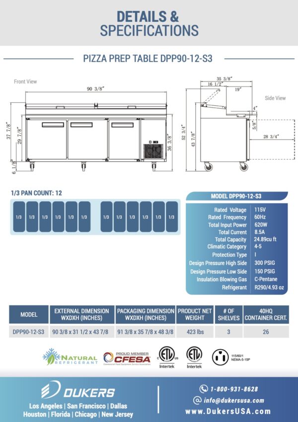 DPP90-12-S3 Commercial 3-Door Pizza Prep Table Refrigerator