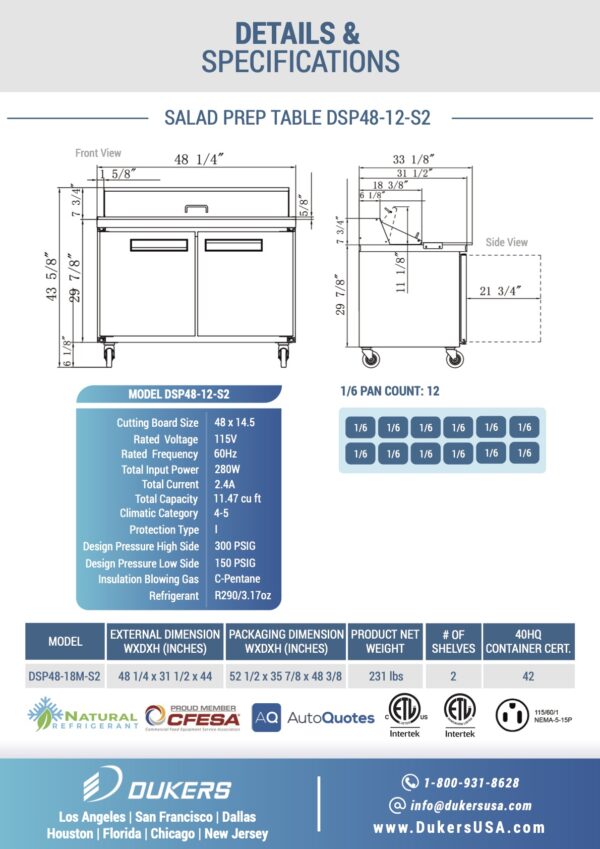 DSP48-12-S2 2-Door Commercial Food Prep Table Refrigerator in Stainless Steel