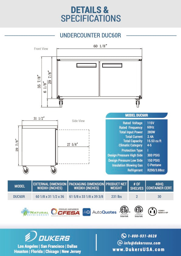 DUC60R 2-Door Undercounter Commercial Refrigerator in Stainless Steel